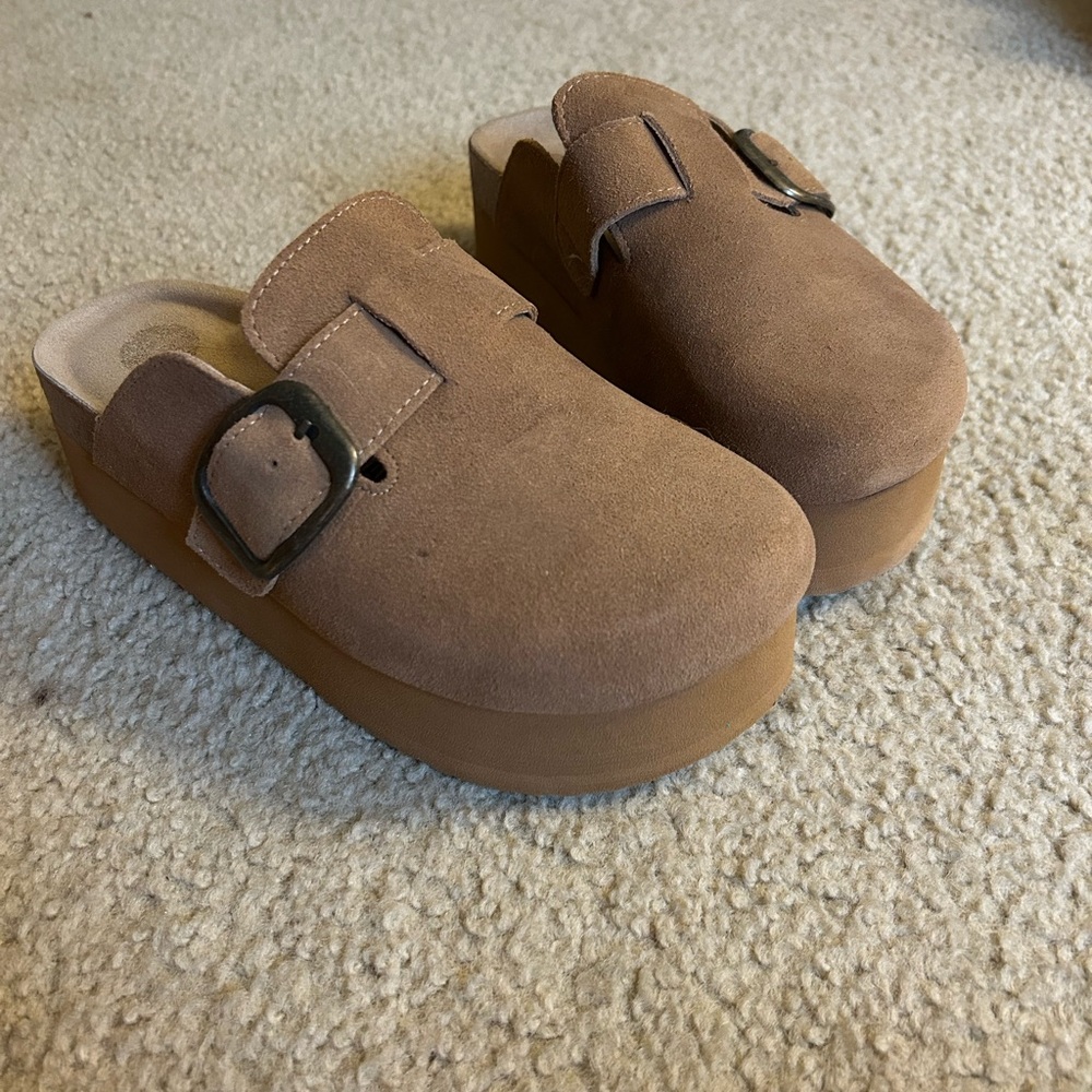 Tan Suede Mules with Buckle